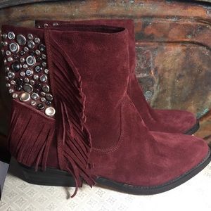 Reba Burgandy Suede Leather Fringe Ankle Boots 8